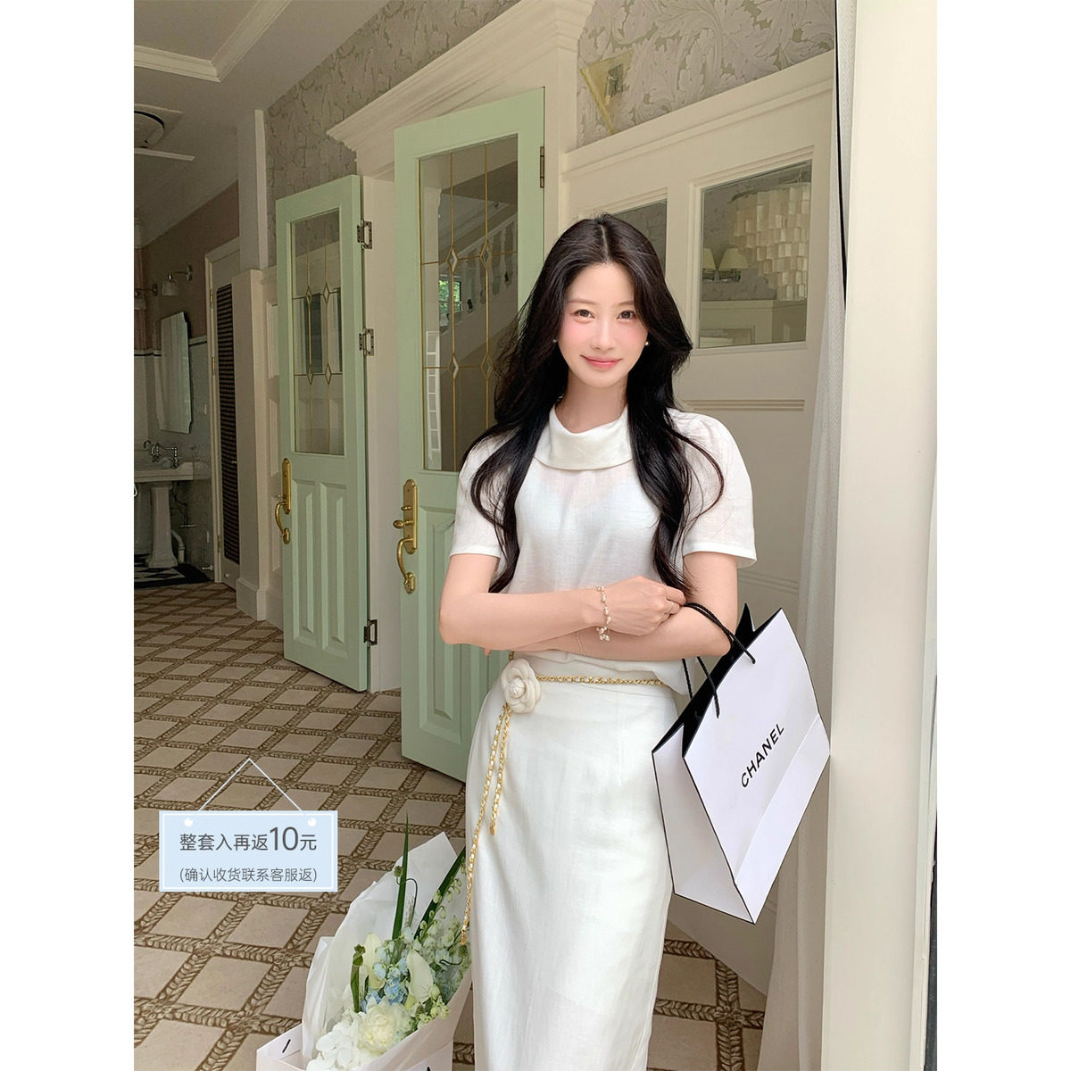 炸鸡欧尼JeJuna 清晨百合 70天丝亚麻质感碗领米色衬衫半裙套装夏