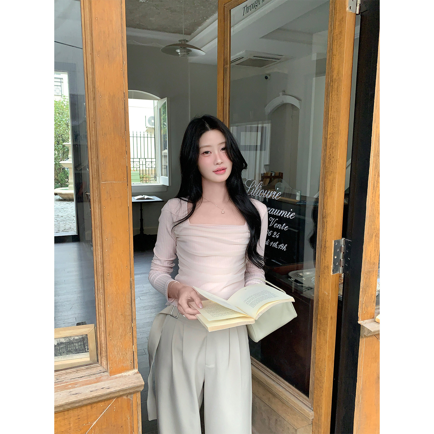 炸鸡欧尼JeJuna 芭乐少女 显气色春日粉雾纱拼接针织上衣长袖tee