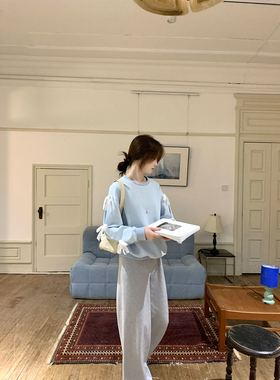 JeJuna炸鸡欧尼 不想上班 76%棉海盐蝴蝶结休闲蓝色卫衣灰色卫裤