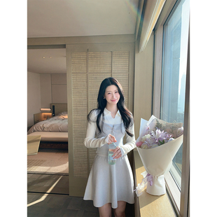 炸鸡欧尼JeJuna 温柔女友 灰色真两件套上衣a字伞裙羊毛针织套装