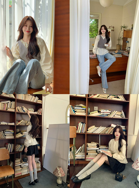 JeJuna炸鸡欧尼康奈尔书店 纯棉系带针织背心长袖衬衫黑色A字半裙