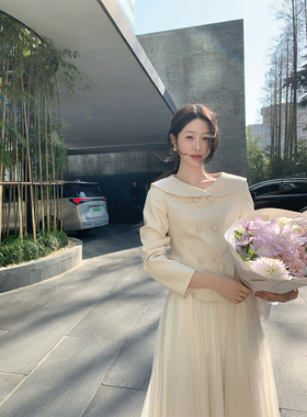 炸鸡欧尼JeJuna 雪夜白桃 高级法式双排短款外套白色a字垂感纱裙