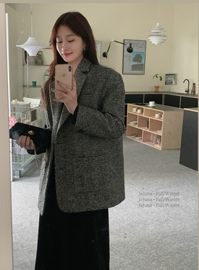 JeJuna炸鸡欧尼 Amo满天星 两色羊毛毛呢西装女人字纹深灰色外套