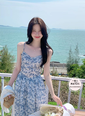 JeJuna炸鸡欧尼 青花瓷 有效瘦腰法式吊带裙白色针织开衫海边套装