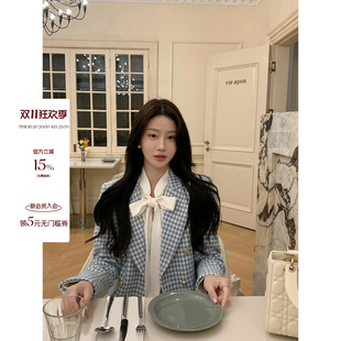 炸鸡欧尼 JeJuna海盐初恋 蓝色千鸟格羊毛外套白色系带丝绒半裙女