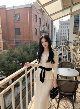 炸鸡欧尼JeJuna 轻法茉莉 可拆卸收腰丝绒蝴蝶结羊毛针织开衫套装