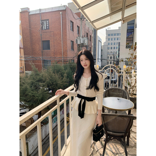 炸鸡欧尼JeJuna 轻法茉莉 可拆卸收腰丝绒蝴蝶结羊毛针织开衫套装