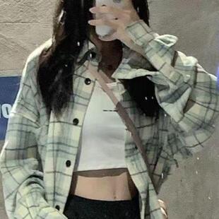 遮肉衬衣外套长袖 2026森系绿色格子衬衫 女宽松叠穿慵懒风中长款