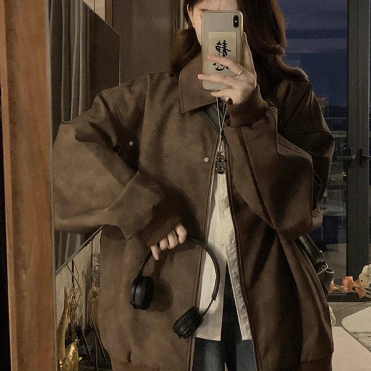 美式复古翻领麂皮绒夹克女春秋宽松机车服酷飒风外套