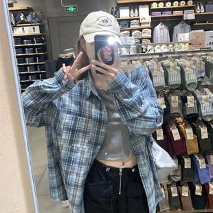韩版慵懒风防晒蓝色格子衬衫女长袖宽松开衫外套显瘦通勤上衣