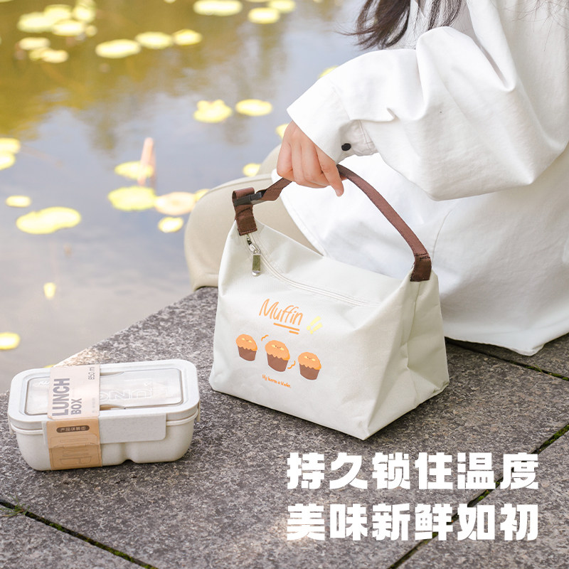 日式小清新牛津布便当保温袋 铝箔内层可携式饭盒包 通勤用折叠饭