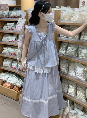 超好看假两件无袖上衣衬衫两件套夏小个子独特漂亮甜美减龄半身裙