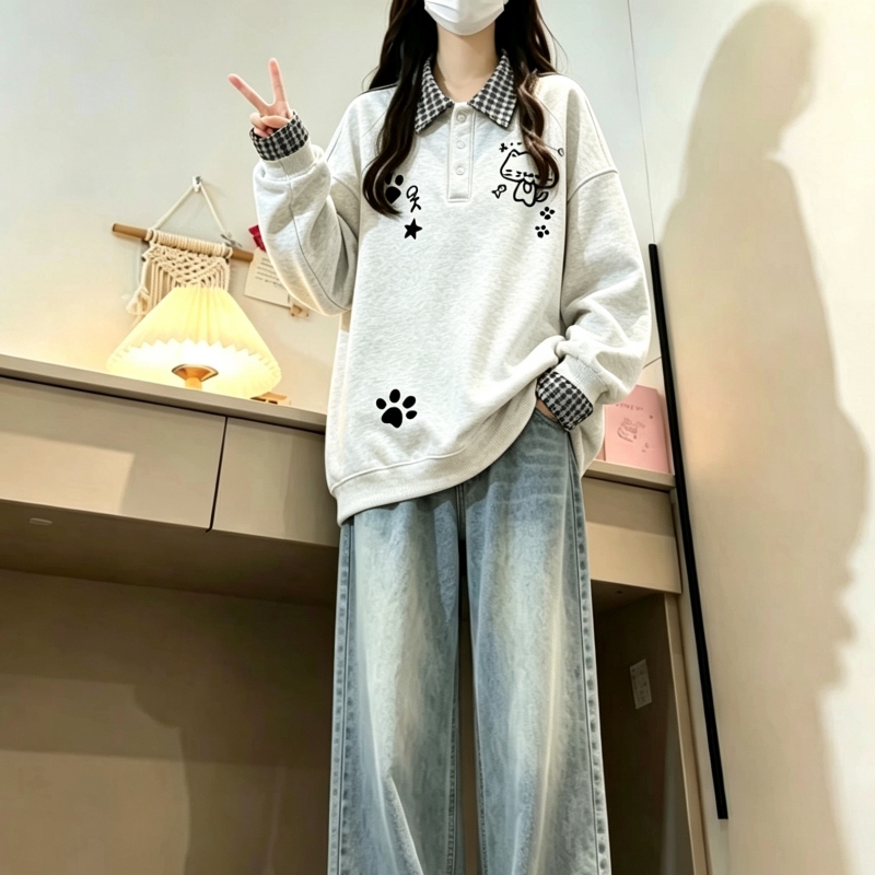 假两件POLO领卫衣女大童春秋装初高中学生少女卡通宽松学院风上衣