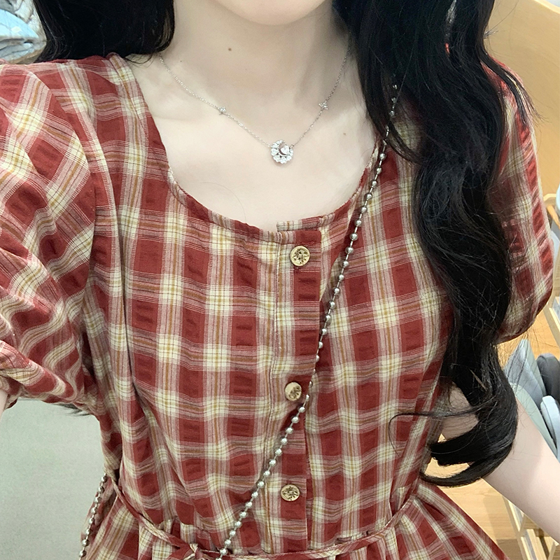 法式复古格子连衣裙女夏小个子超好看气质甜美森系学院风减龄长裙