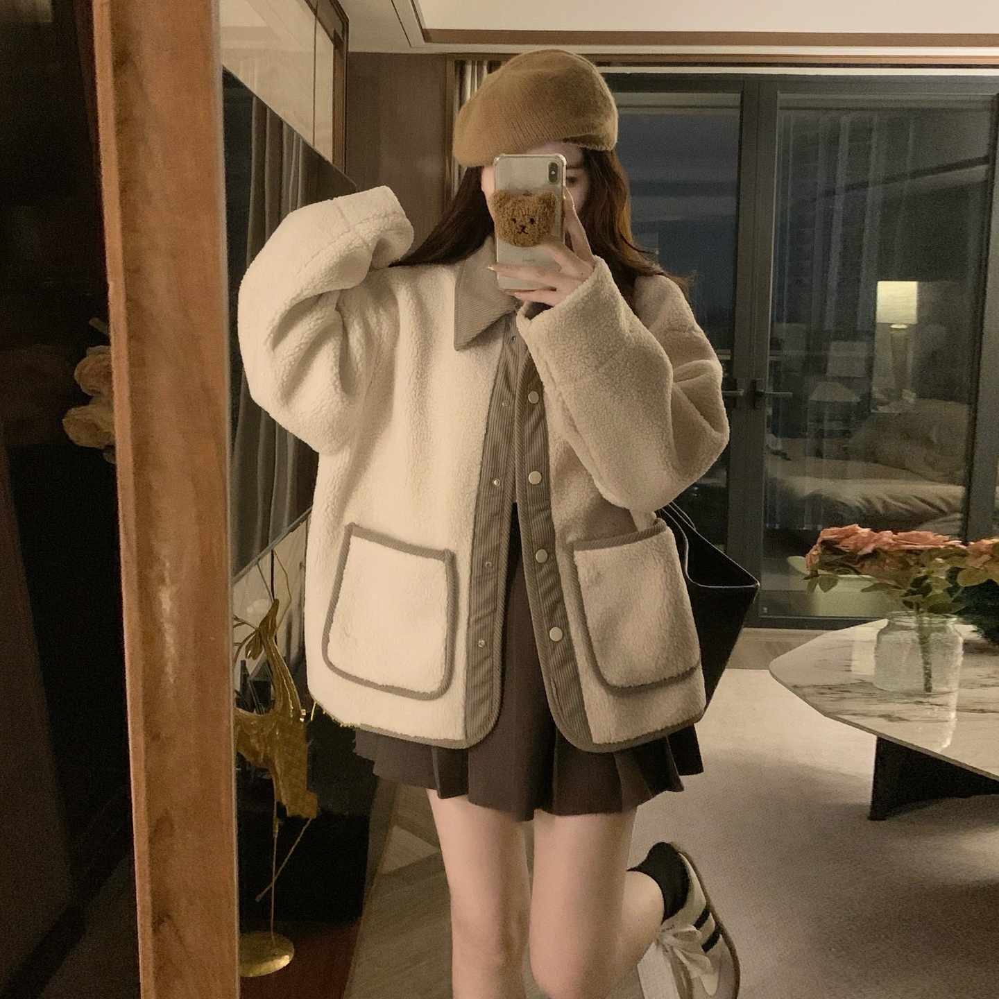 15初中学生13少女孩15初中学生皮毛一体棉服冬季羊羔绒外套棒球服