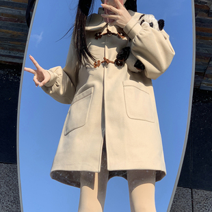 学院风毛呢外套牛角扣少女大童海军领高中生初中学生加棉呢子大衣