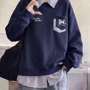韩版学院风假两件卫衣少女大童春秋新款15初高中学生拼接长袖上衣