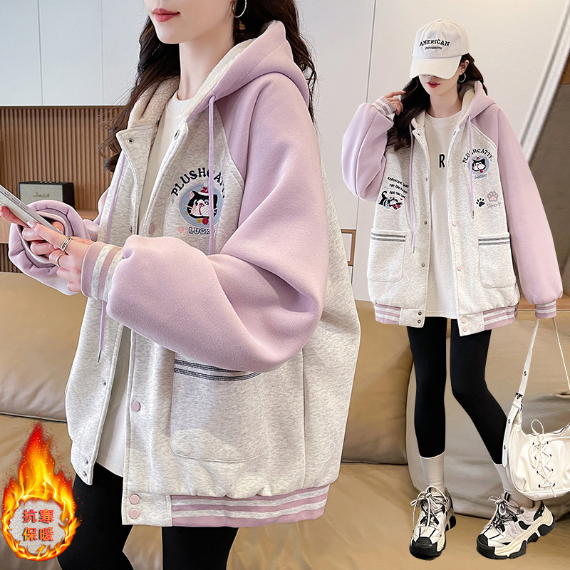 少女大童学院风刺绣卫衣开衫秋冬新款初高中学生连帽加绒加厚外套