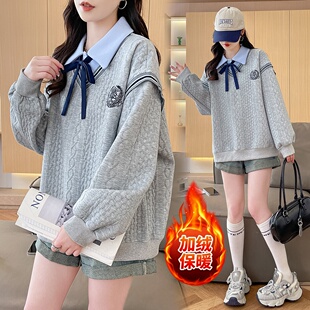 学院风假两件POLO领加绒卫衣少女2026秋冬新款初高中学生加厚上衣