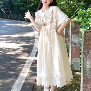 森系田园风甜美连衣裙15初中学生13少女娃娃领泡泡袖宽松中长裙夏