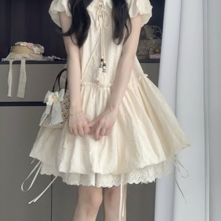 女大童泡泡袖连衣裙夏季初中生学院风甜美13岁少女孩可爱公主裙子