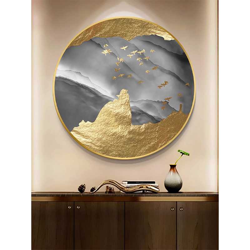 新款直销游鱼梦蝶轻奢入户玄关装饰画酒店圆形晶瓷画客厅沙发背景图片