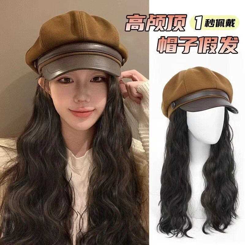 新款直销帽子假头发一体式秋冬款水波纹仿真发黑色鸭舌帽日系级感