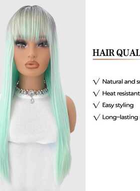 新款直销欧美假发女渐变青绿色长直发可造型刘海化纤发全头套wigs
