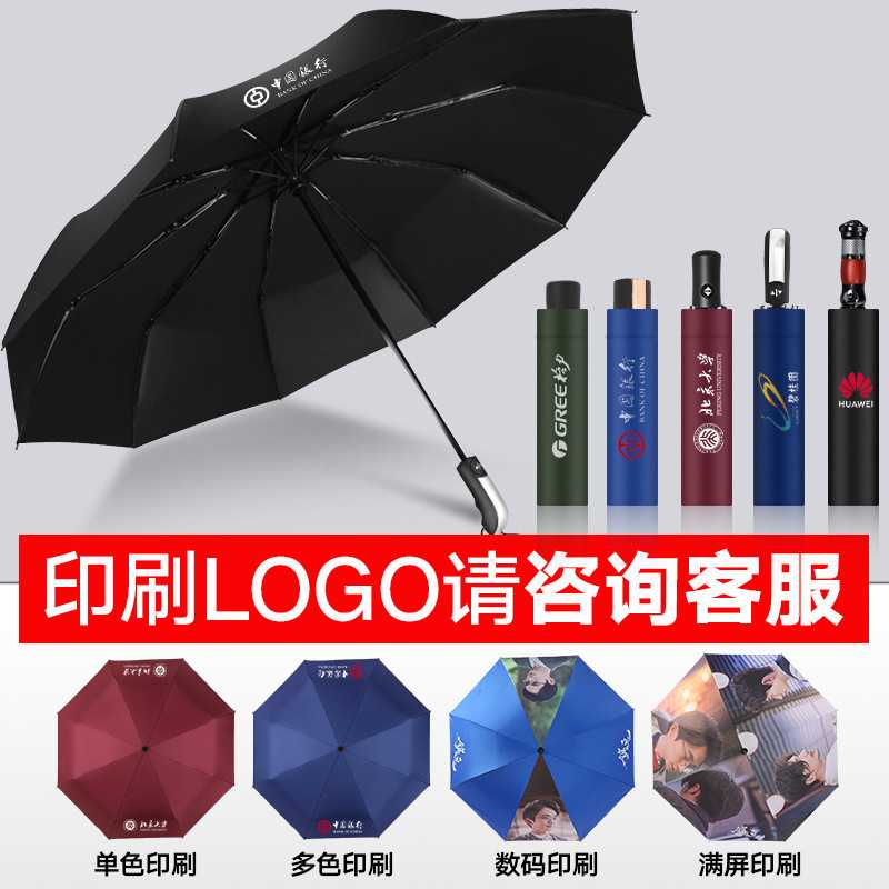 新款直销男士双人商务折叠印制logo礼品广告晴雨伞纯色三折加大黑