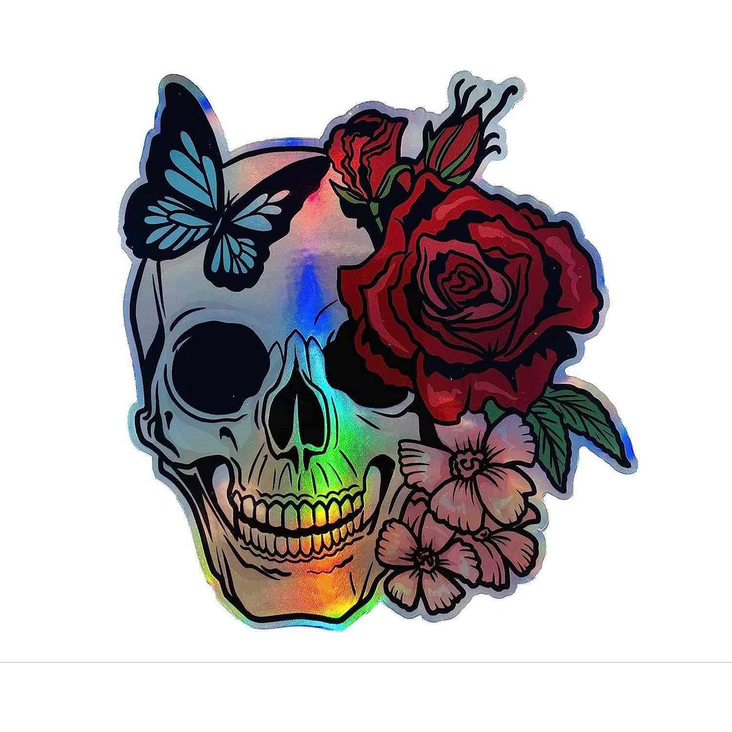 新款直销16.75x11.75cm蝴蝶玫瑰骷髅乙烯基贴纸电脑摇窗汽车卡车