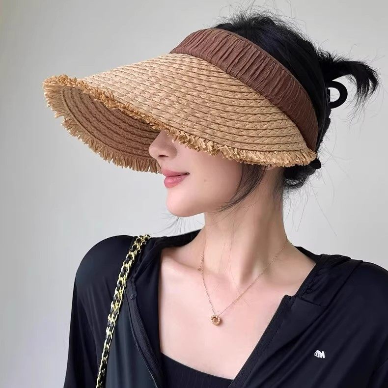 可折叠草帽女夏季大檐海岛防晒帽子出游遮阳防紫外线空顶帽显脸小