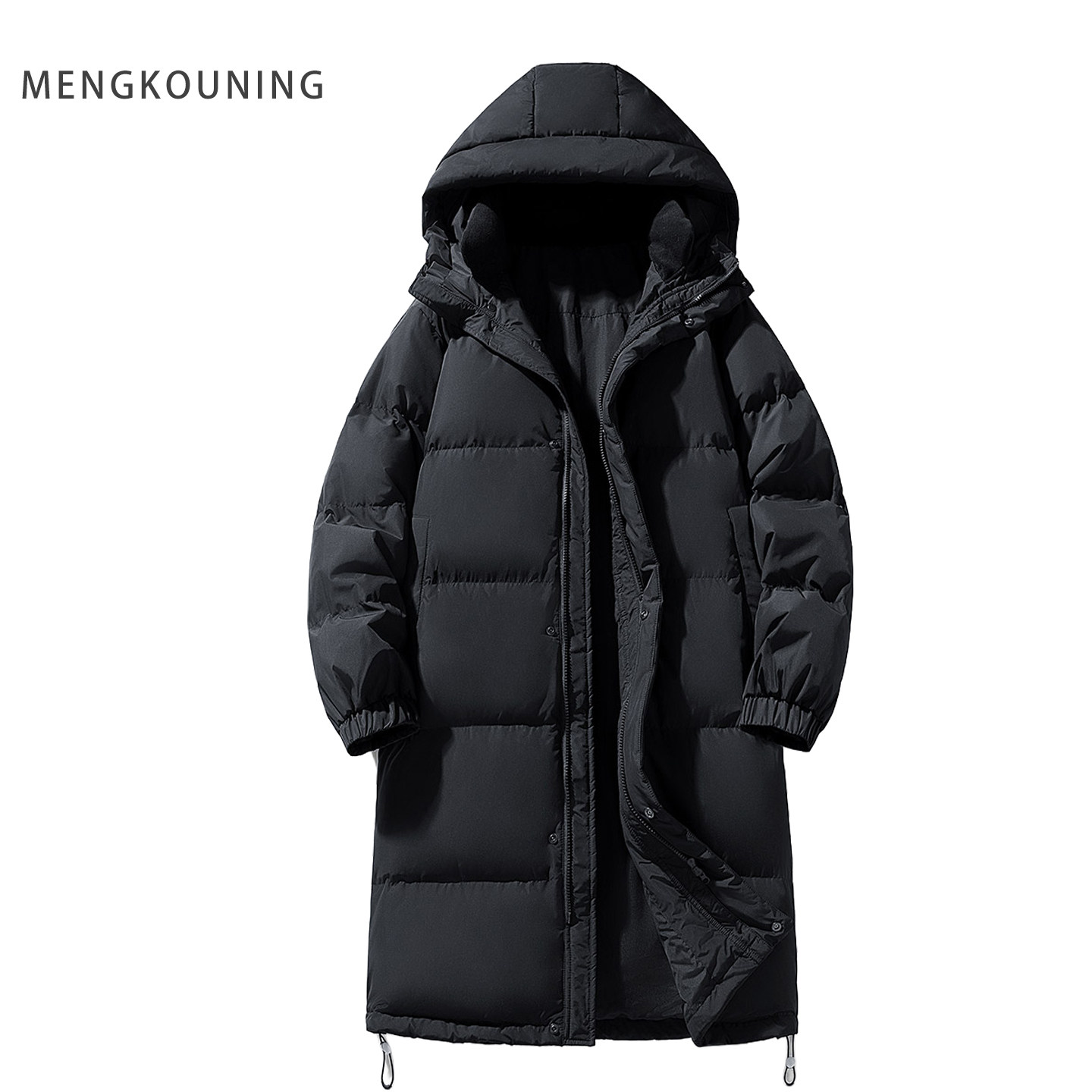 蒙口宁MENGKOUNING连帽中长款羽绒服男冬季保暖加厚黑色外套