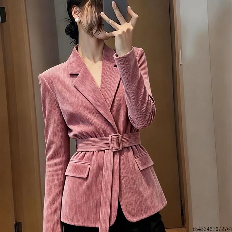 秋粉色灯芯绒西装外套女款高端大气上档次巨好看气质收腰职业上衣