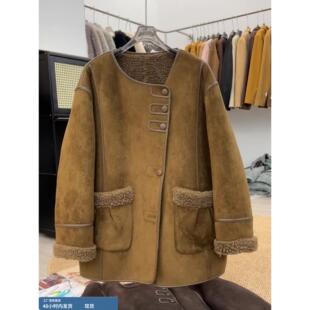 2025新款爆款棕色中长款皮毛一体机车服加绒加厚羊羔毛外套女冬季