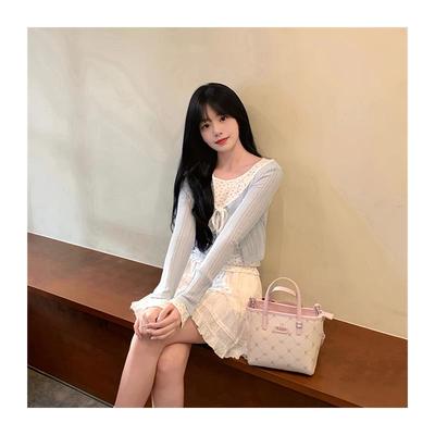 韩系甜美温柔风蓝色碎花假两件长袖针织衫女2025秋季收腰显瘦上衣