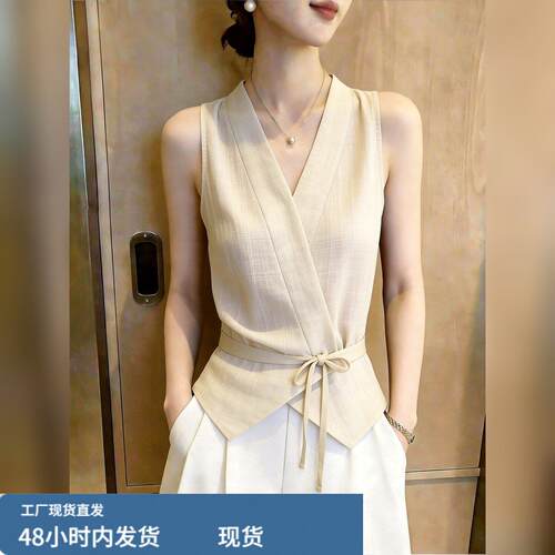 轻熟风V领收腰系带上衣女米杏色显瘦气质休闲风时尚2026夏季新款
