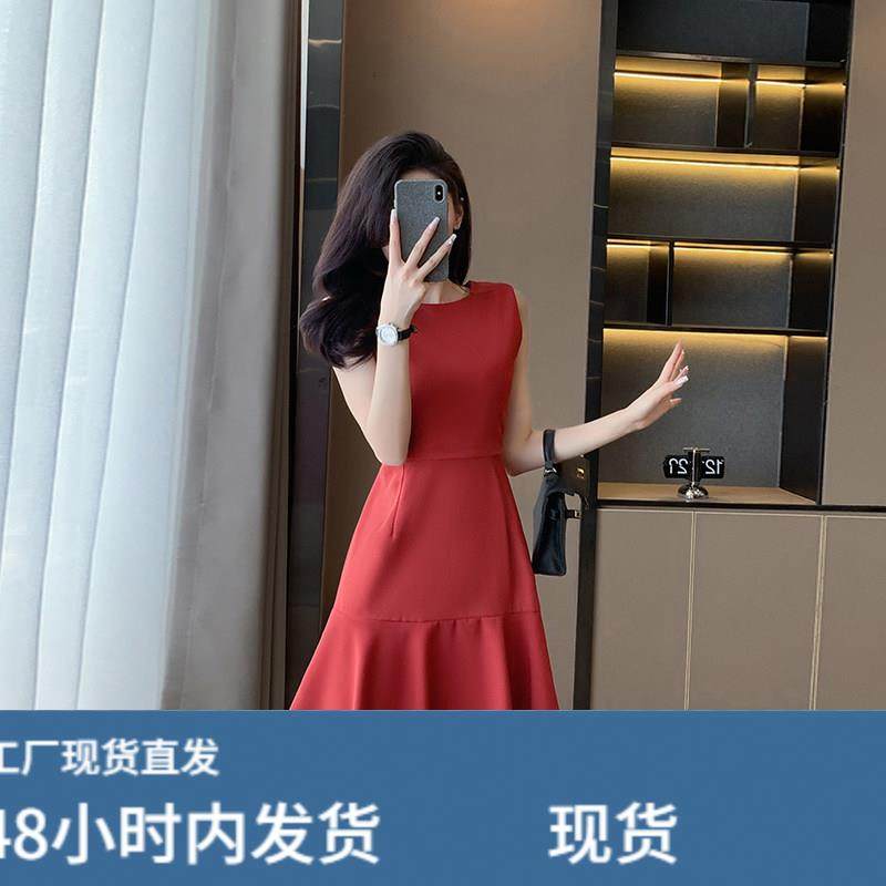 夏季小香风无袖雪纺连衣裙收腰荷叶边打底背心裙秋冬约会小红裙