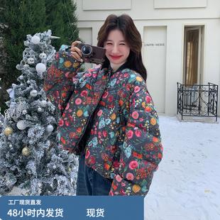 复古印花羽绒服女短款2025冬老钱风设计感独特减龄小个子保暖外套