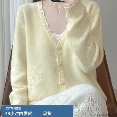 重工刺绣钩花100纯羊毛开衫女花边V领绣花针织毛衣宽松羊绒衫外套