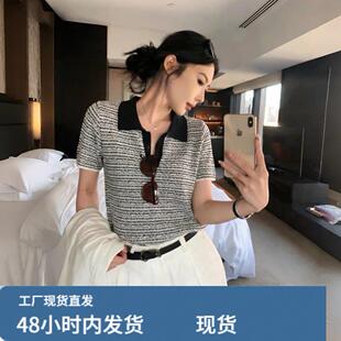 高级感黑白条纹polo领短袖T恤女夏季洋派减龄小香风翻领针织上衣