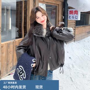 气质感机车风皮衣羽绒服女2025年冬季韩版宽松显瘦时尚白鸭绒夹克