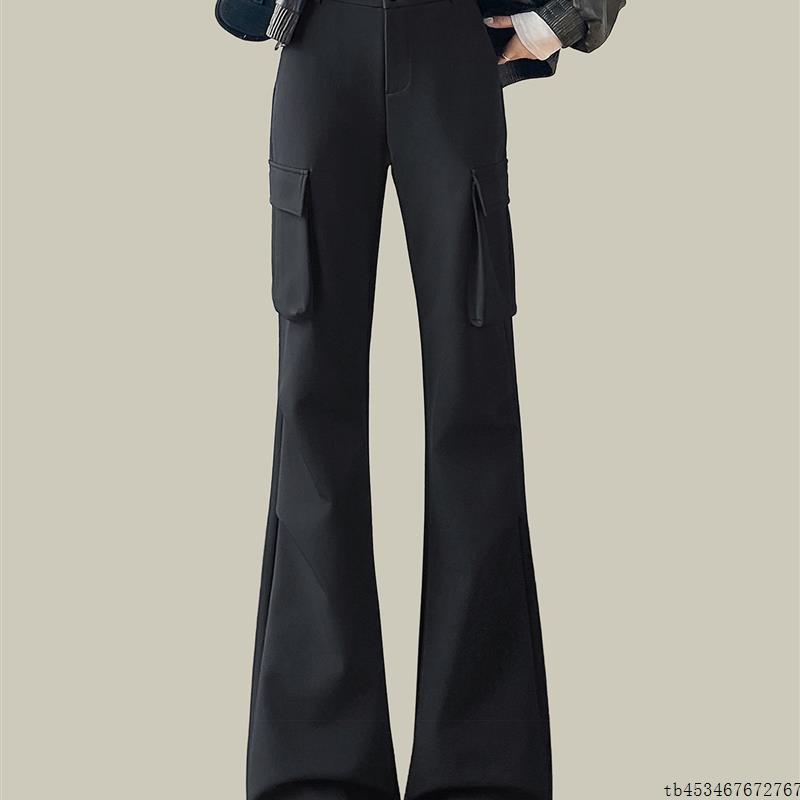 黑色高腰休闲大口袋微喇工装运动裤女2025新款秋冬弹力显瘦喇叭裤
