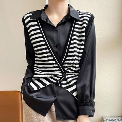 2025秋冬新款纯羊毛针织马甲背心女宽松V领条纹大V领羊绒坎肩外套