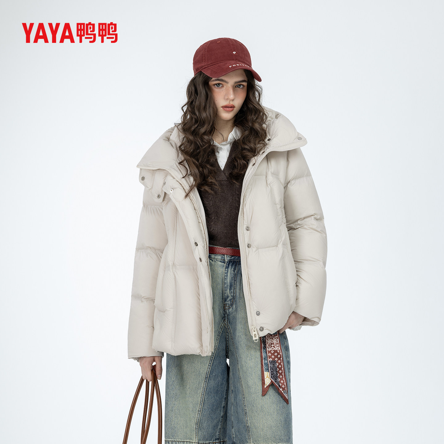 YAYA鸭绒羽绒服女中长款2026冬季新款时尚百搭保暖面包服休闲外套