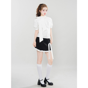 蝴蝶结系带短袖白衬衫+蝴蝶结不规则短裙夏季女装夏装 一整套新款