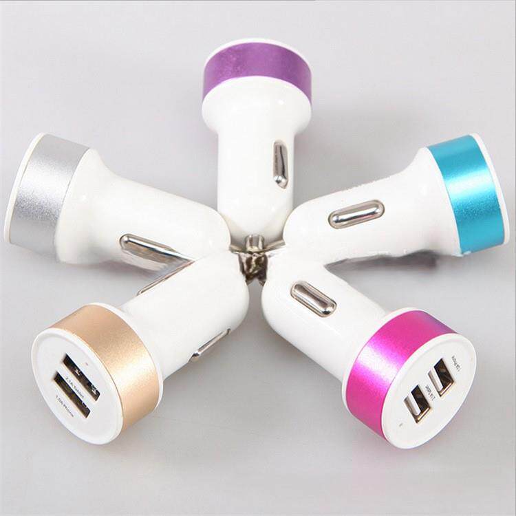 新款彩圈铝合金车充 方圆形奶嘴车充2.1A双USB输出车载充电器