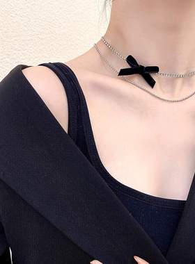 芭蕾少女风蝴蝶结水晶锆石项链双层叠戴锁骨链choker颈链饰品