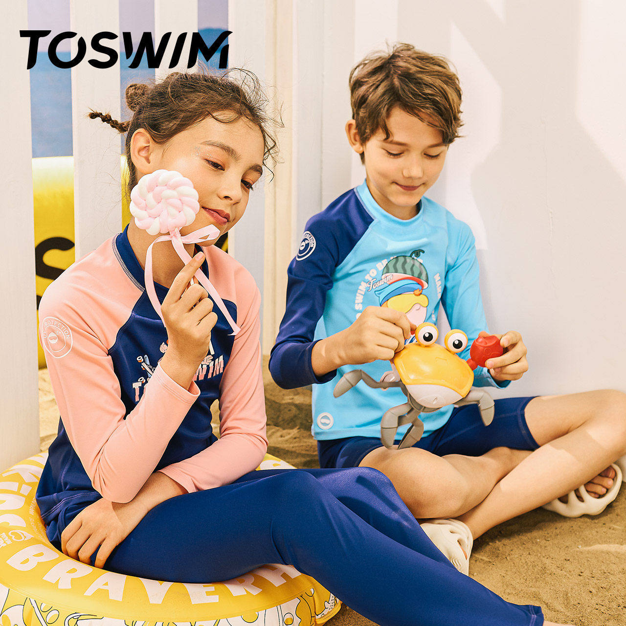 TOSWIM儿童泳衣男童分体长袖保暖男中大童防晒速干泳裤萌趣游泳衣