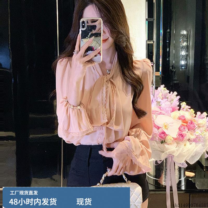 法式纯欲温柔风绑带花边雪纺衬衫女高级感气质宽松显瘦长袖上衣秋