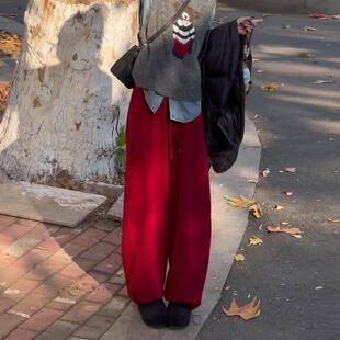 运动裤女款2025新款冬季加绒加厚红色小个子显瘦修身高腰阔腿卫裤